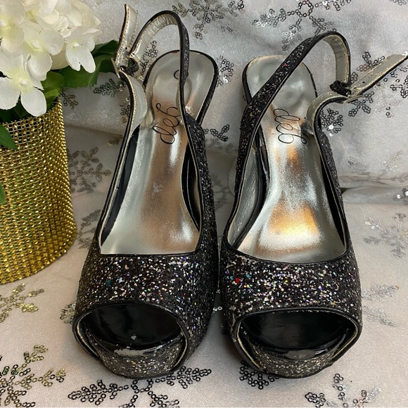 Deb Glitter Black & Silver Peep Toe Platform Heels Ankle Strap Sandals Sz 8 - Picture 3 of 14